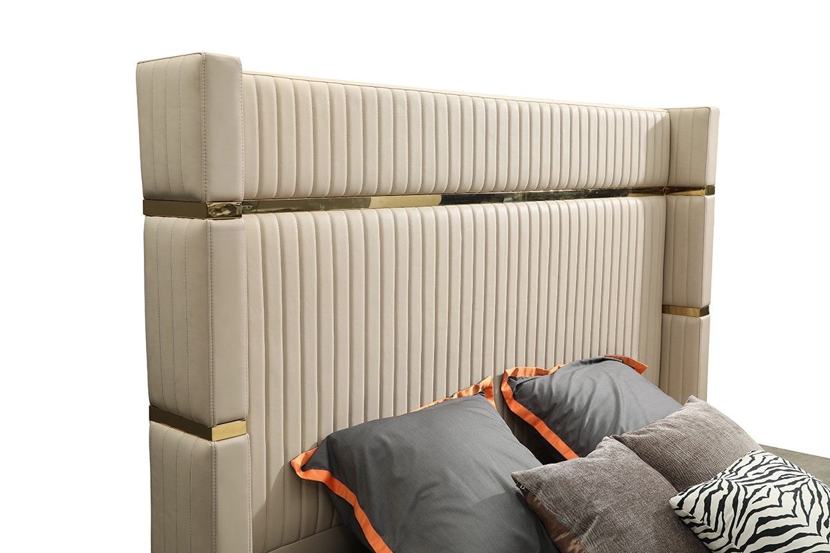 Rebeca Beige Leather Headboard With Gold Accents