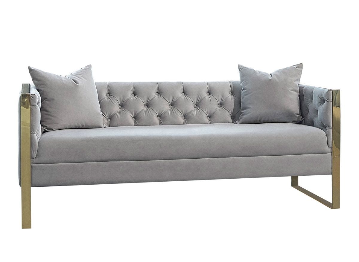 Reese Grey Velvet Sofa With Gold Trim