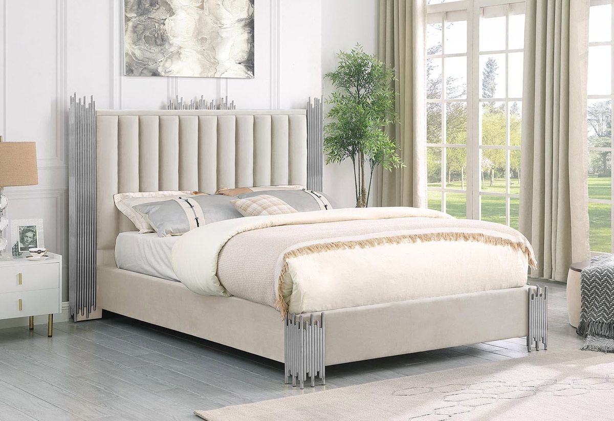 Rexburg Beige Velvet Modern Bed