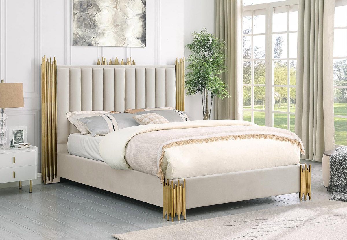 Rexburg Beige Velvet Bed With Gold Trim