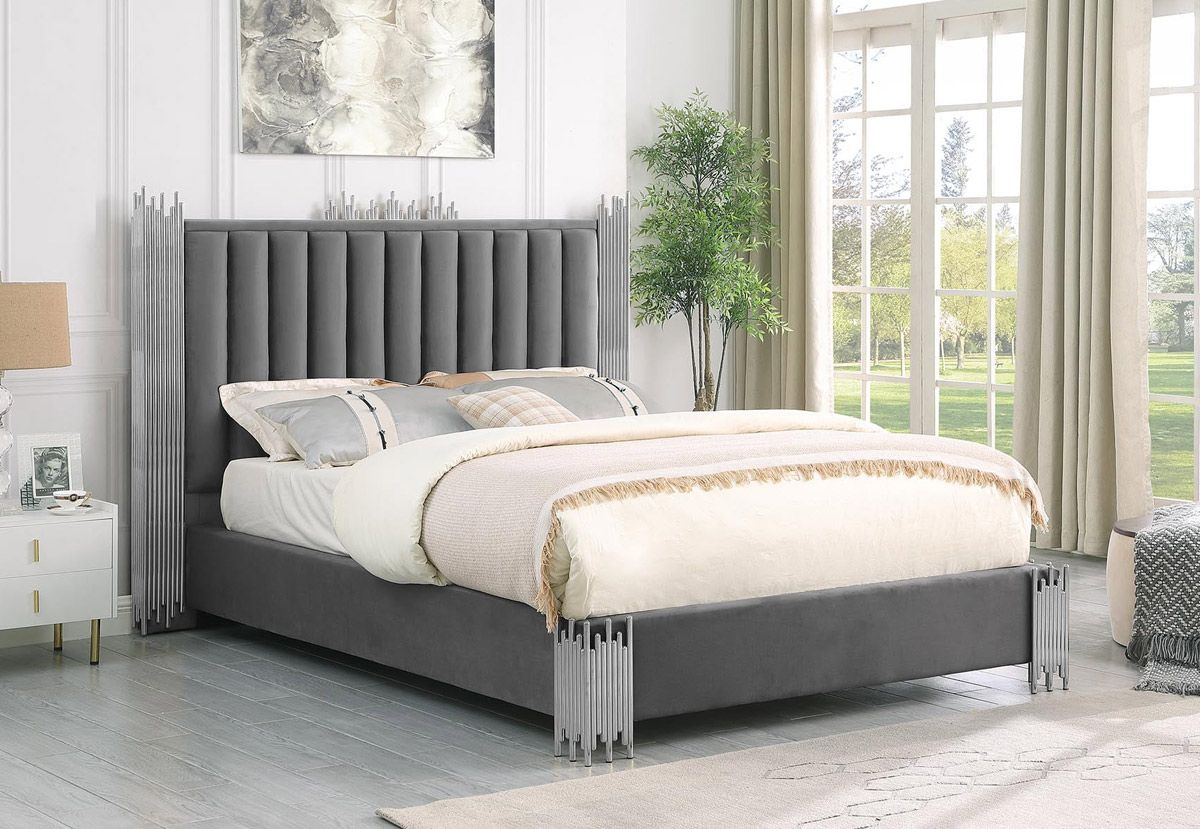 Rexburg Grey Velvet Bed With Chrome Frame