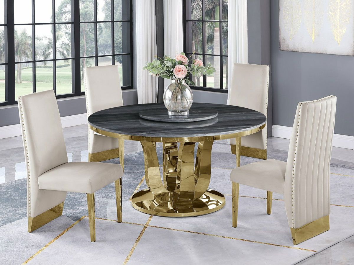 Reyna Round Dining Table With Beige Chairs