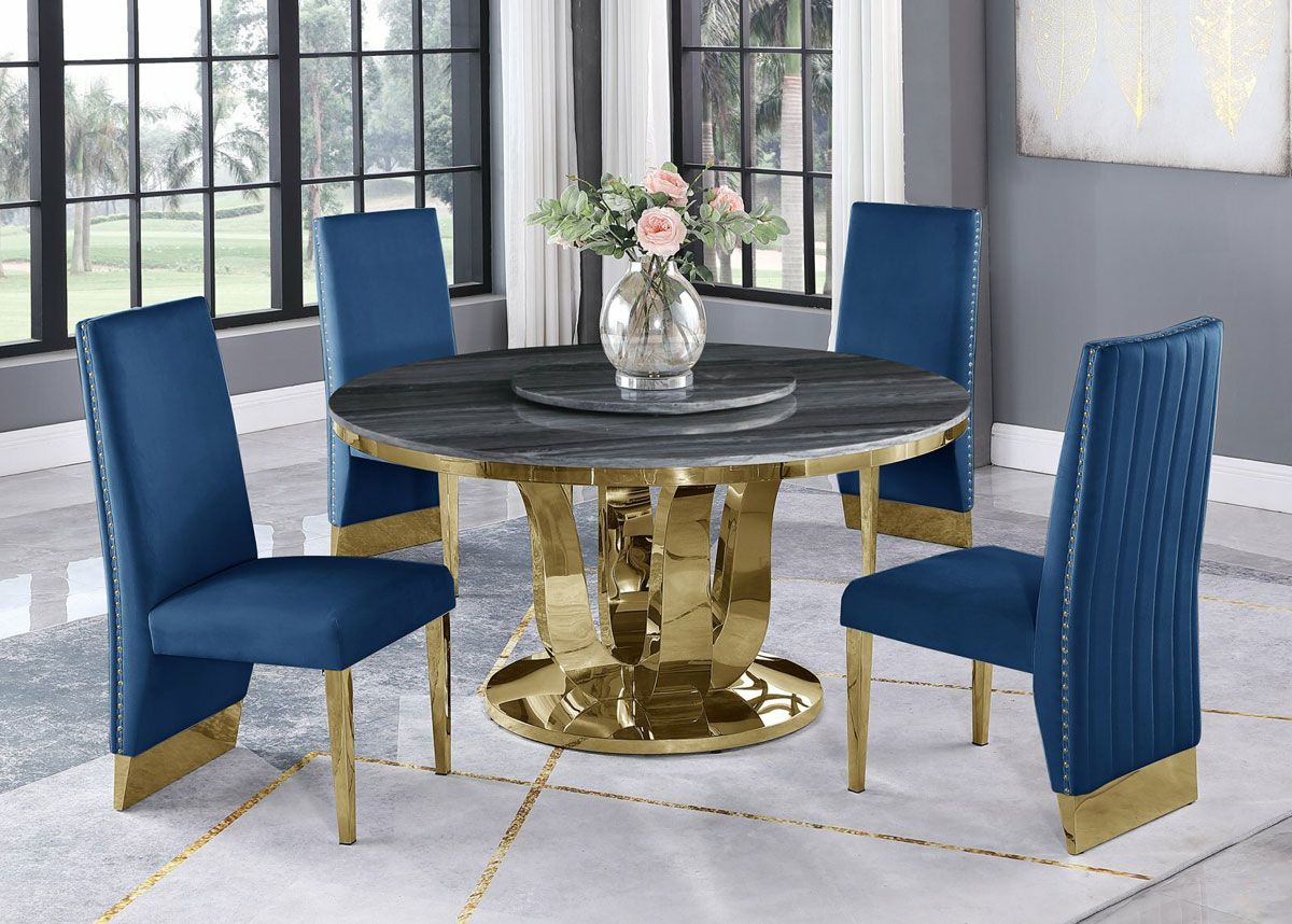 Reyna Round Dining Table With Blue Chairs