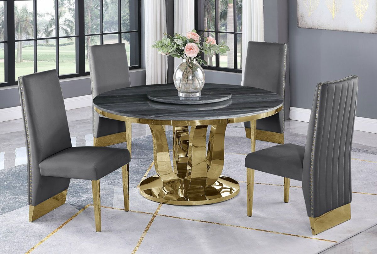 Reyna Grey Marble Dining Table Gold Base