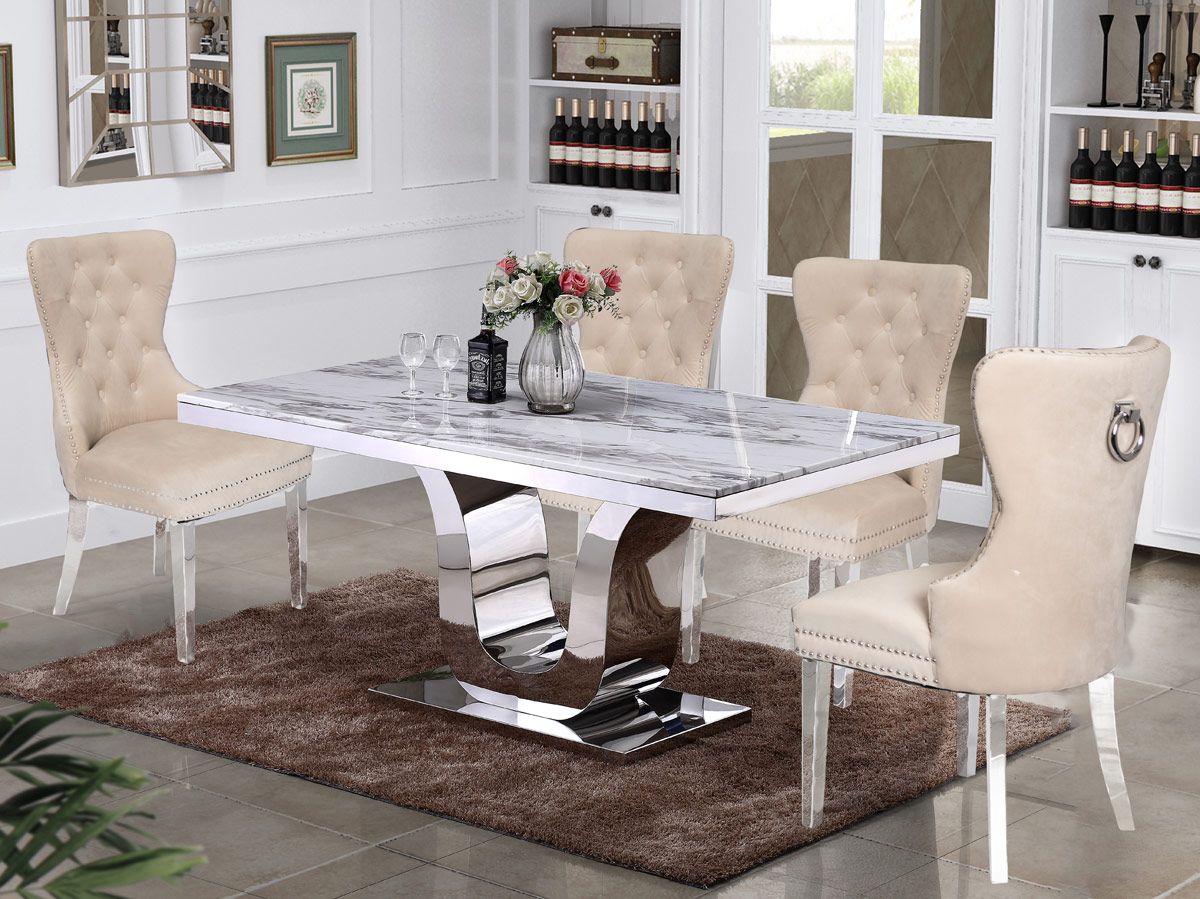 Reyna Marble Top Dining Table With Beige Chairs