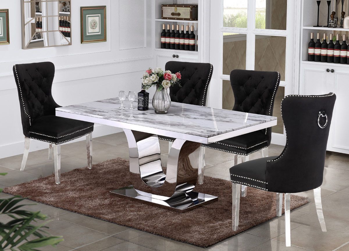 Reyna Marble Top Dining Table With Black Chairs