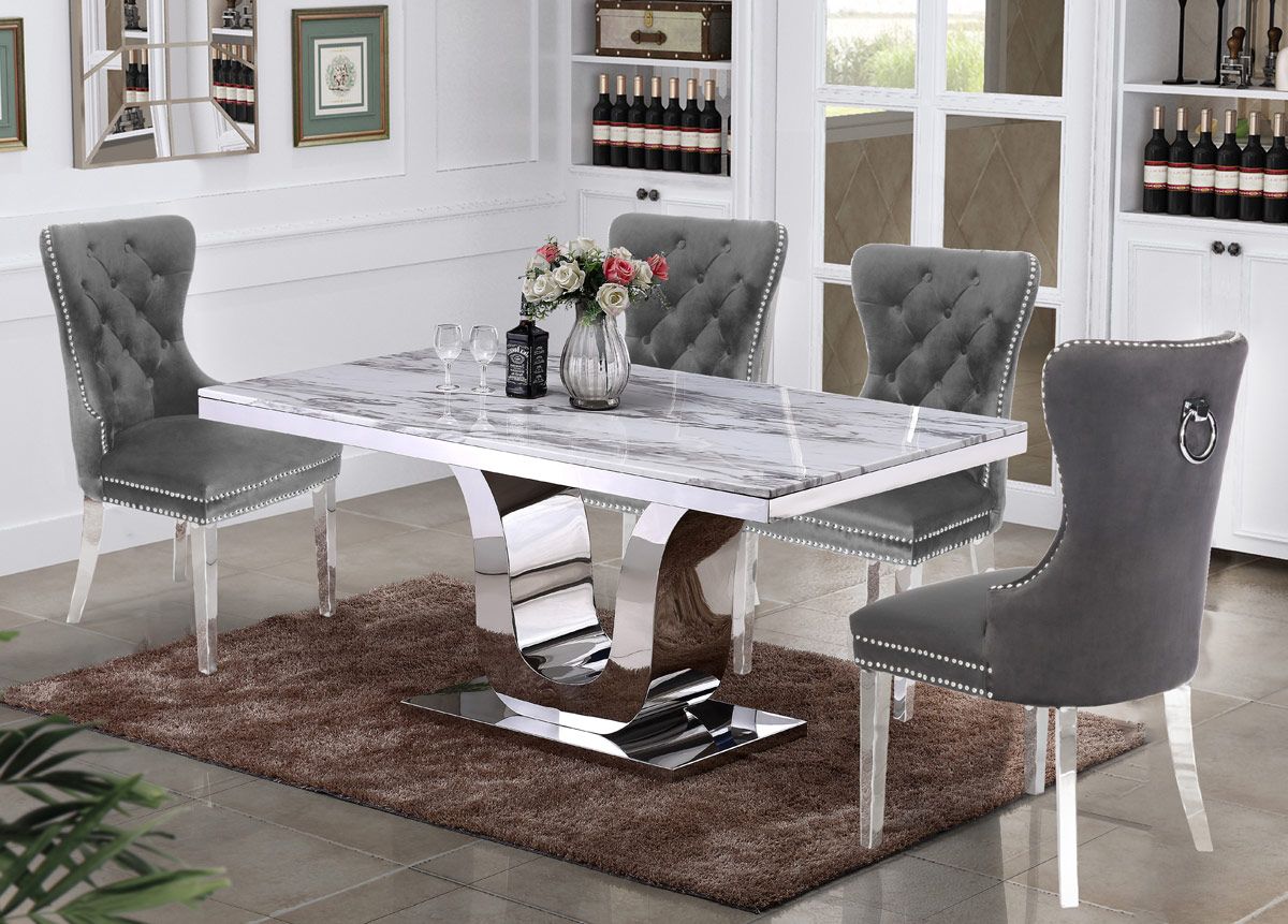Reyna Marble Top Dining Table With Grey Chairs
