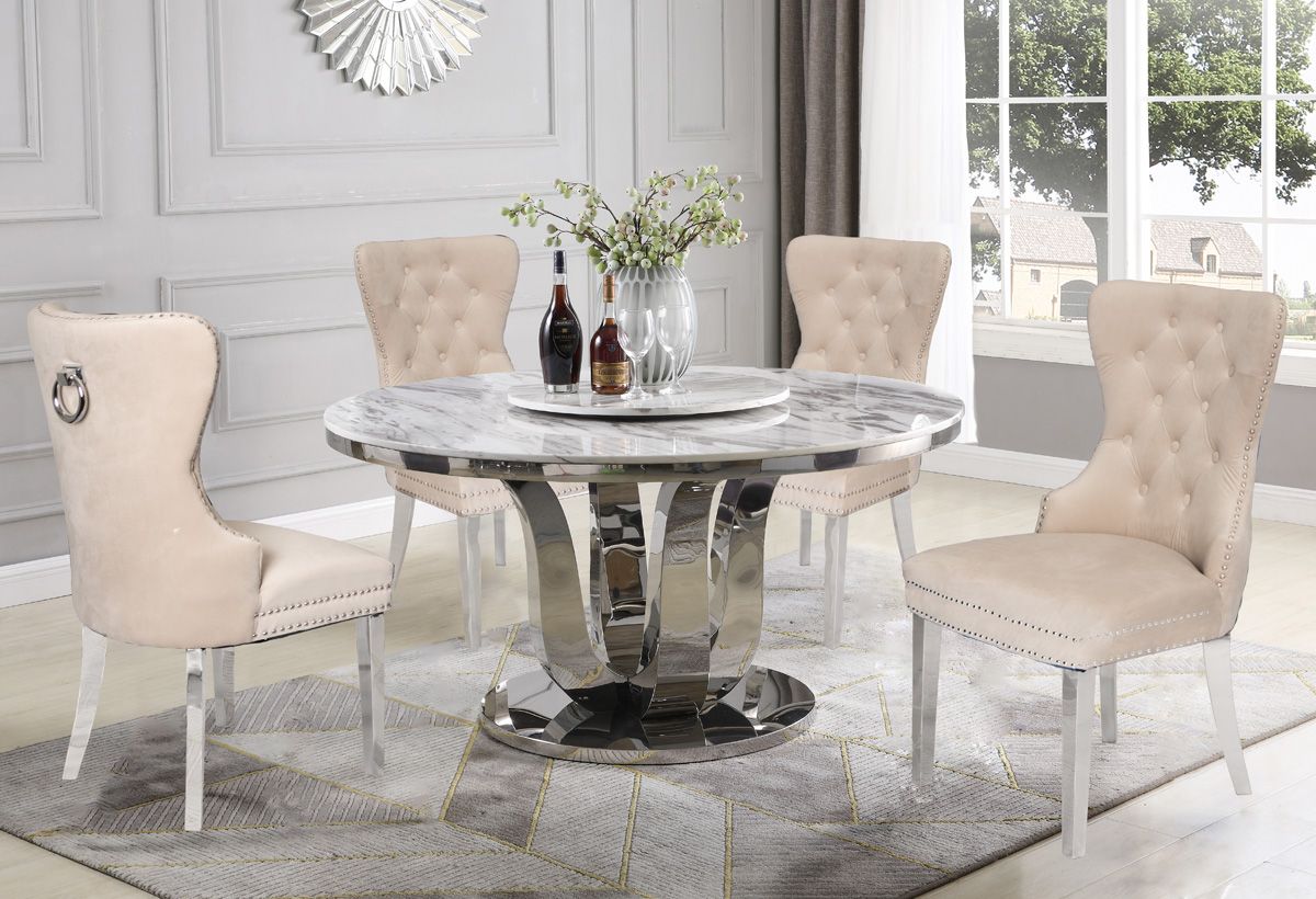 Reyna Round Marble Top Table Beige Velvet Chairs
