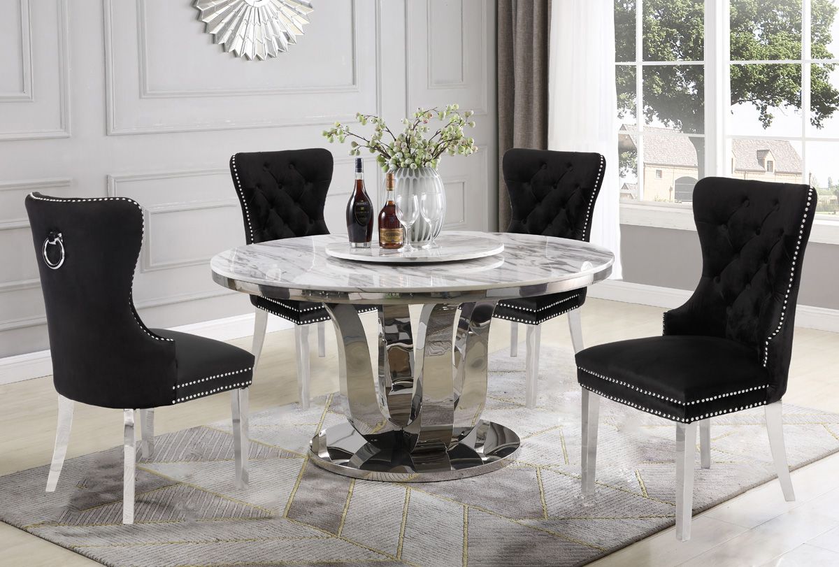 Reyna Round Marble Top Table Black Velvet Chairs