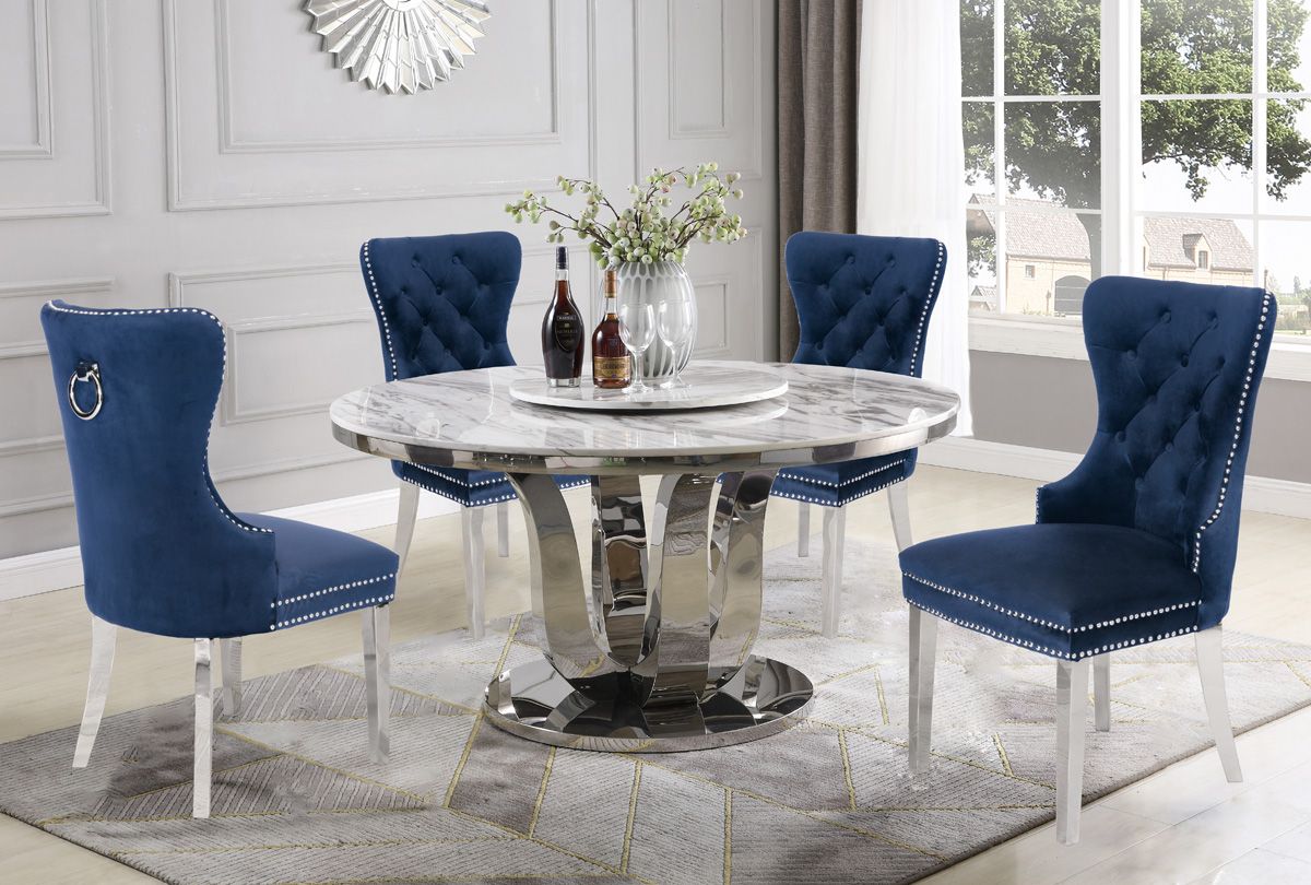 Reyna Round Marble Top Table Navy Velvet Chairs