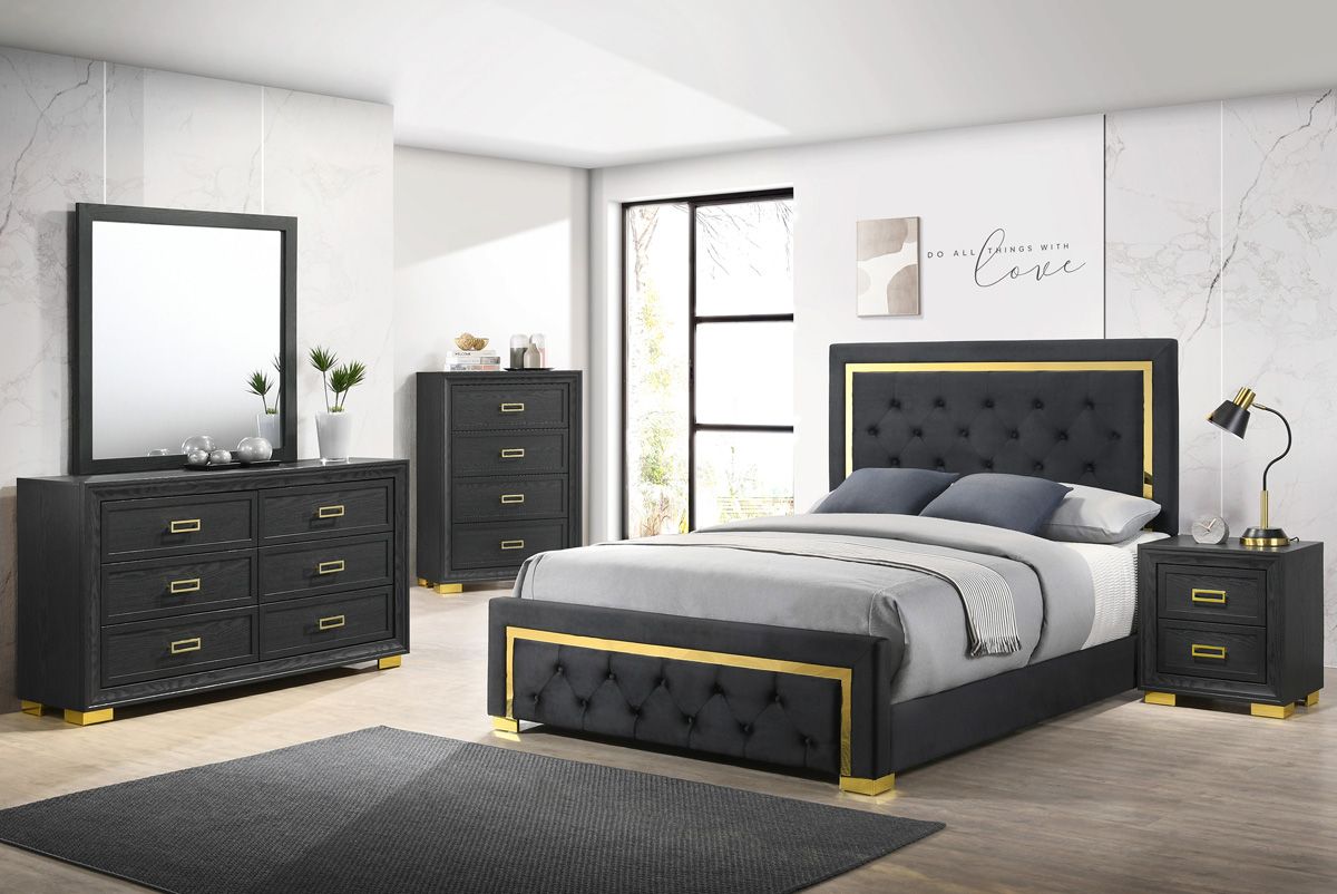 Rigley Tufted Bed With Gold Trim
