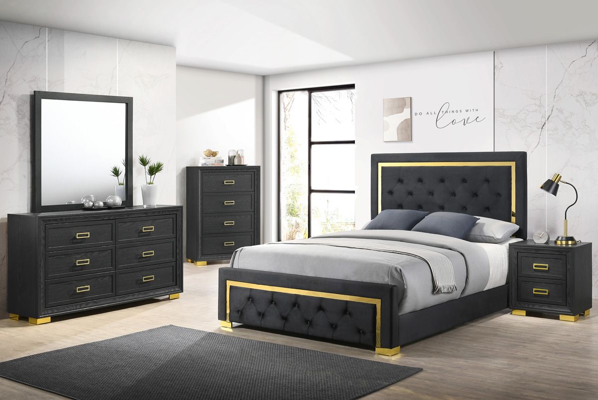 rigley black velvet bed with night stands, dresser and chest, all gold finish accented.