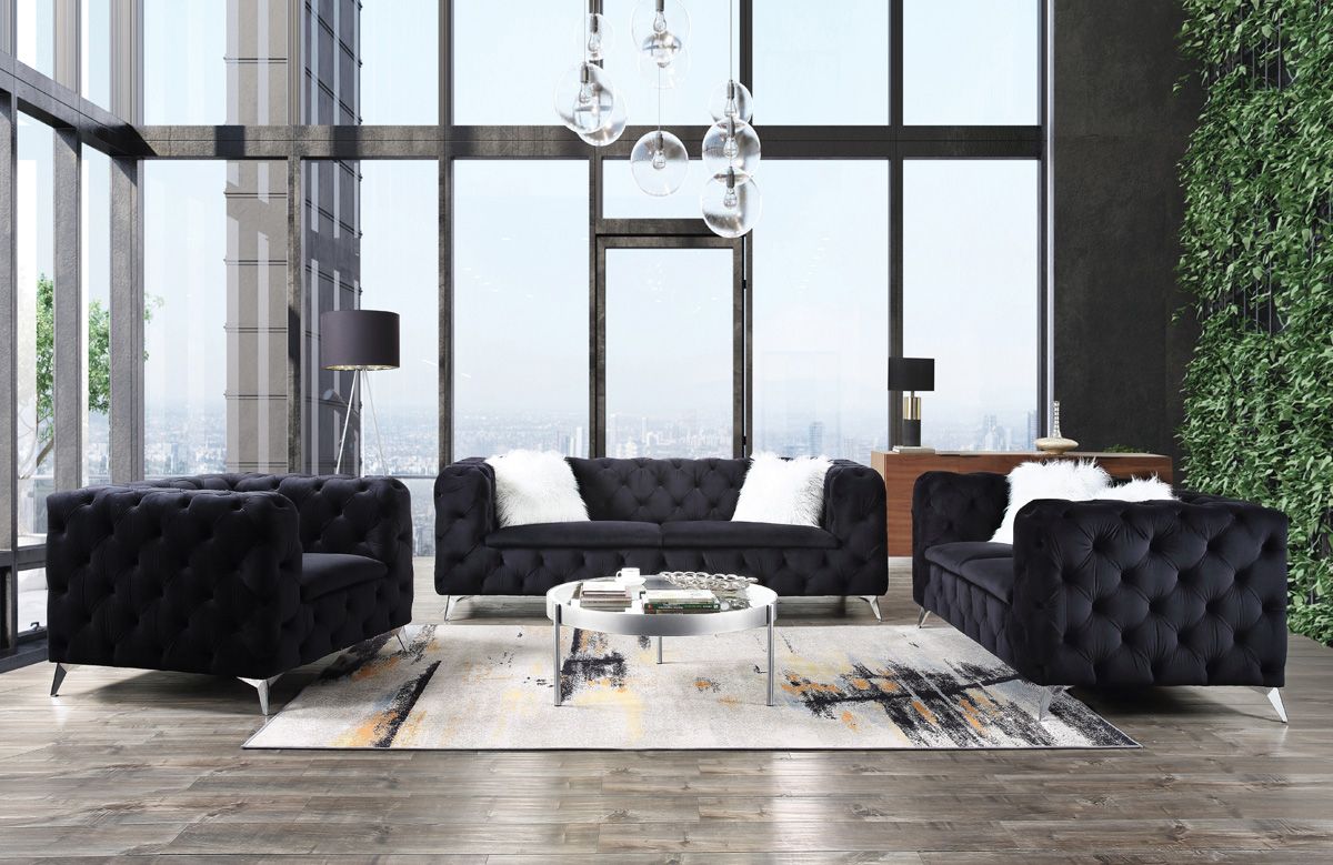 Romanus Black Velvet Modern Sofa Set