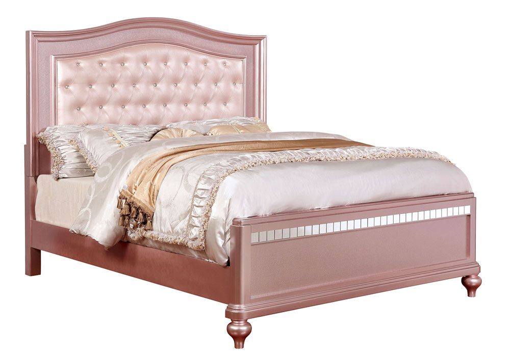 Roselie Rose Gold Bed With Crystal Tufted Headboard