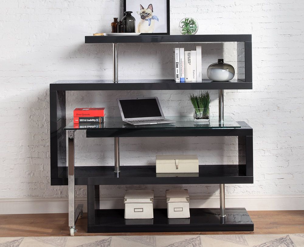 Rowan Black Bookcase Swivel Desk Closed