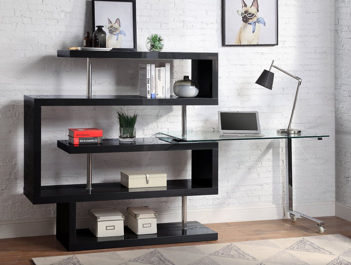Rowan Black Lacquer Bookcase Swivel Desk