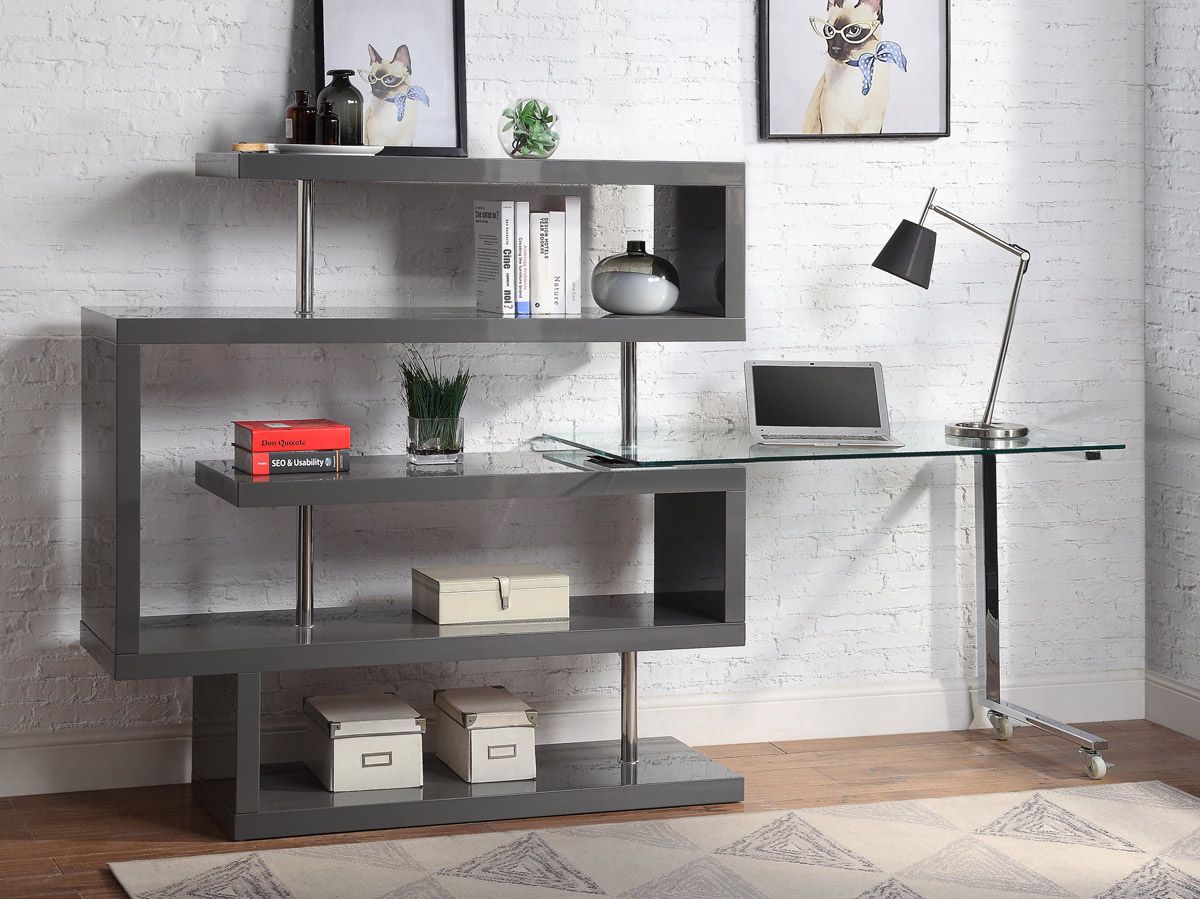 Rowan Grey Lacquer Bookcase Swivel Desk