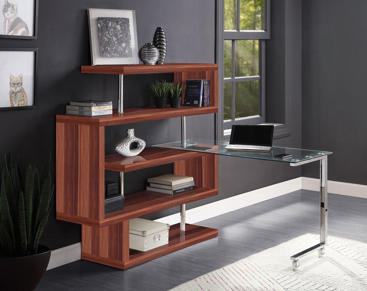 Rowan Glossy Walnut Bookcase With Swivel Desk