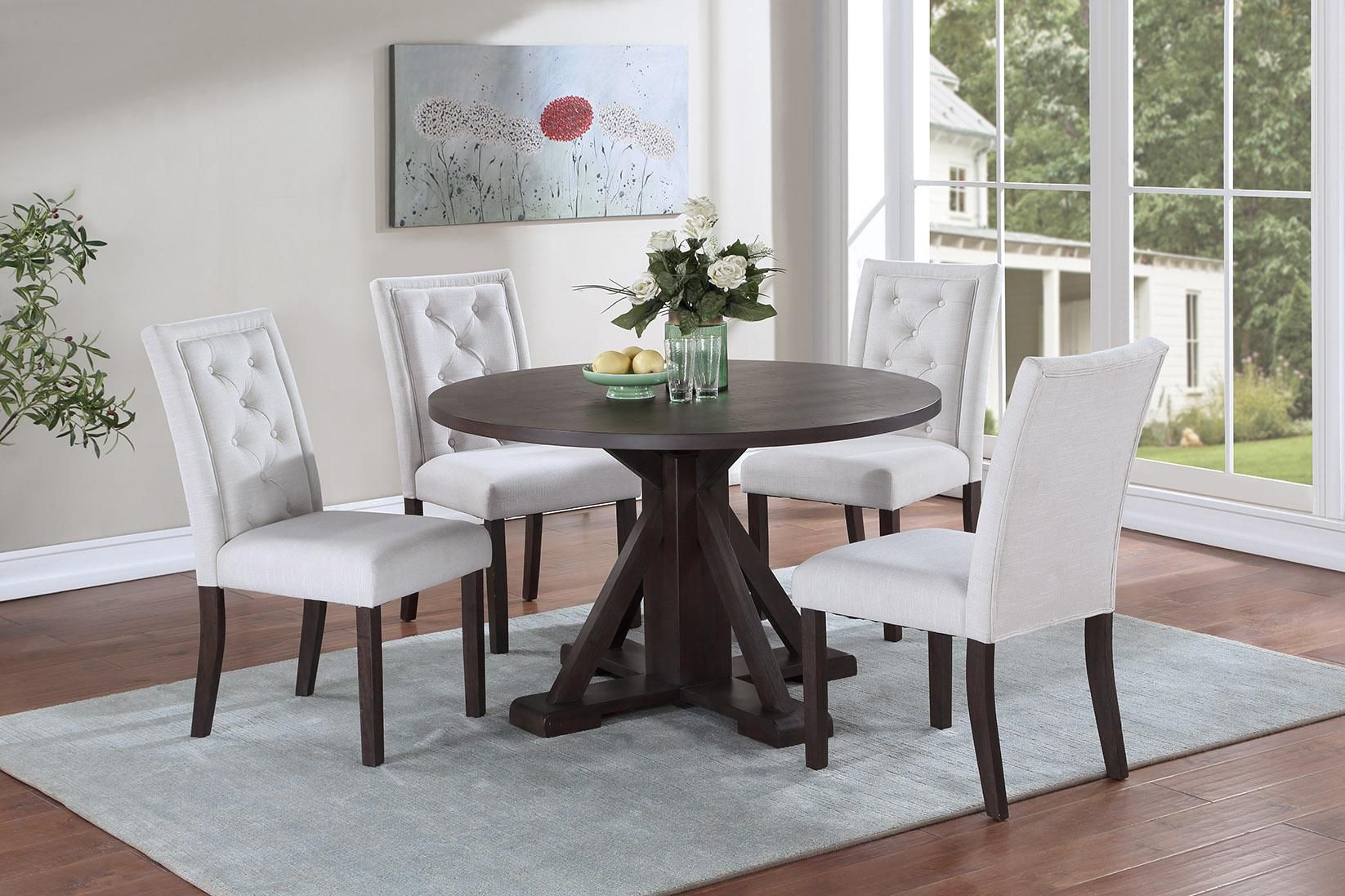 Sanford Round Dining Table Set With Ivory Chairs