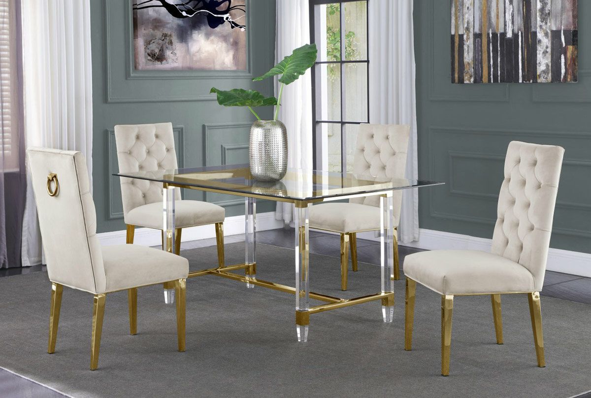Sarey Gold Finish Dining Table With Beige Velvet Chairs