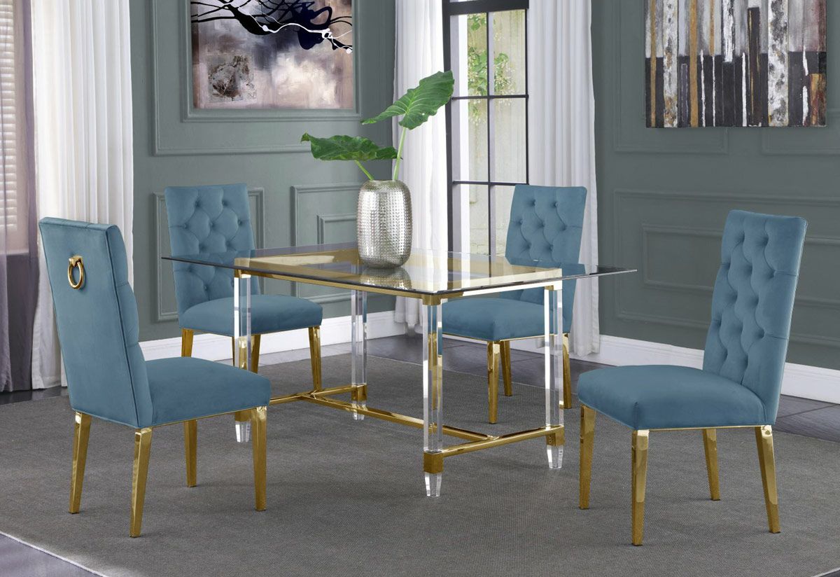 Sarey Gold Finish Dining Table With Blue Velvet Chairs