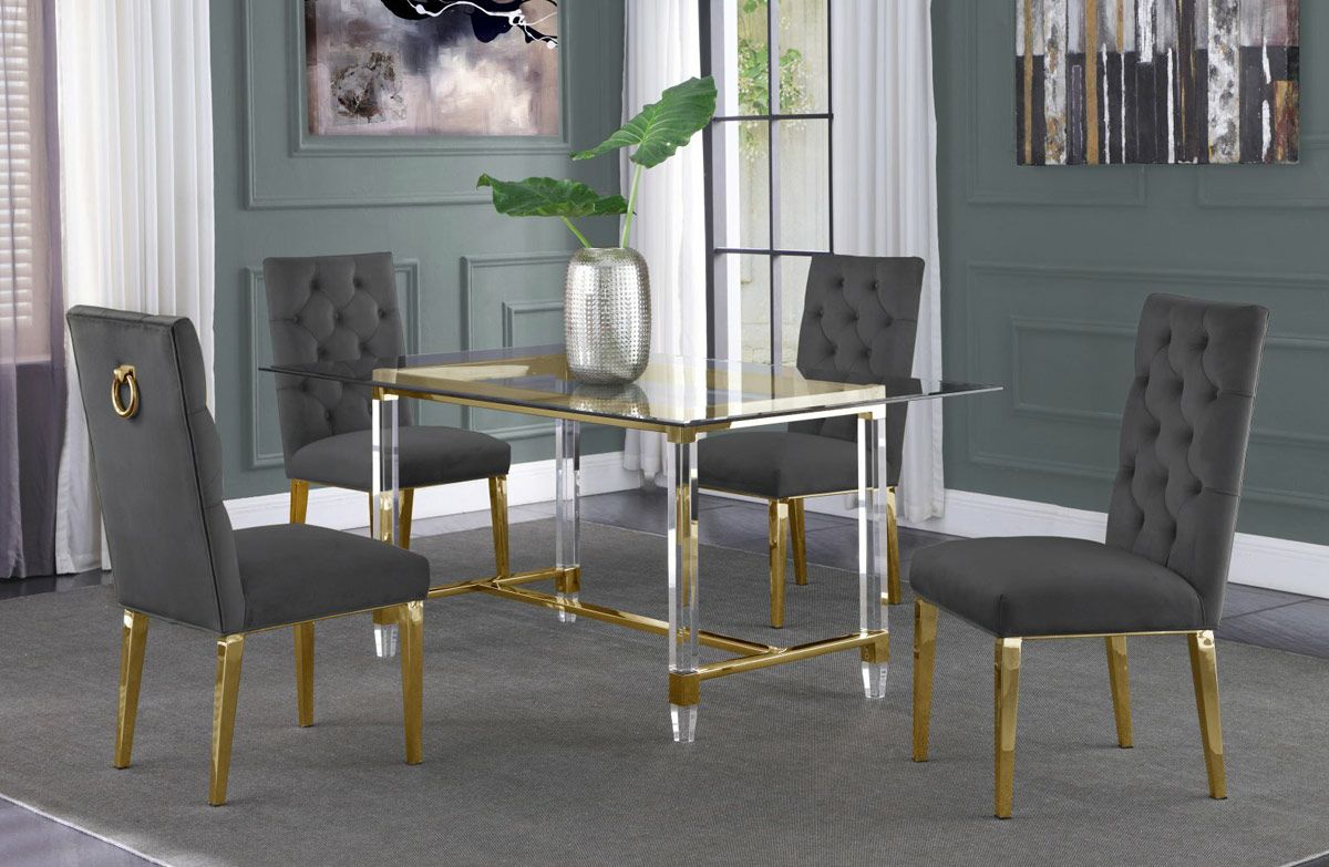 Sarey Gold Finish Dining Table With Grey Velvet Chairs