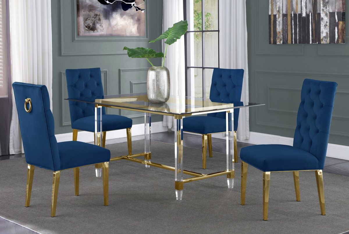 Sarey Gold Finish Dining Table With Navy Velvet Chairs