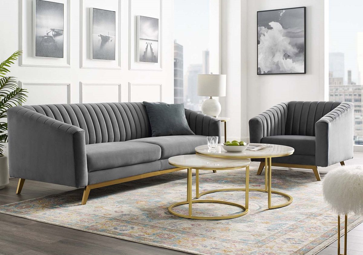 Saskia Grey Velvet Sofa Gold Legs