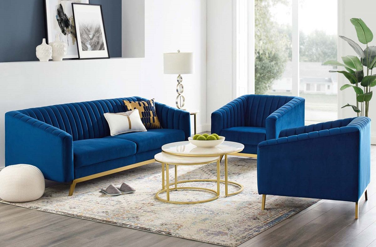 Saskia Navy Blue Velvet Modern Sofa Set