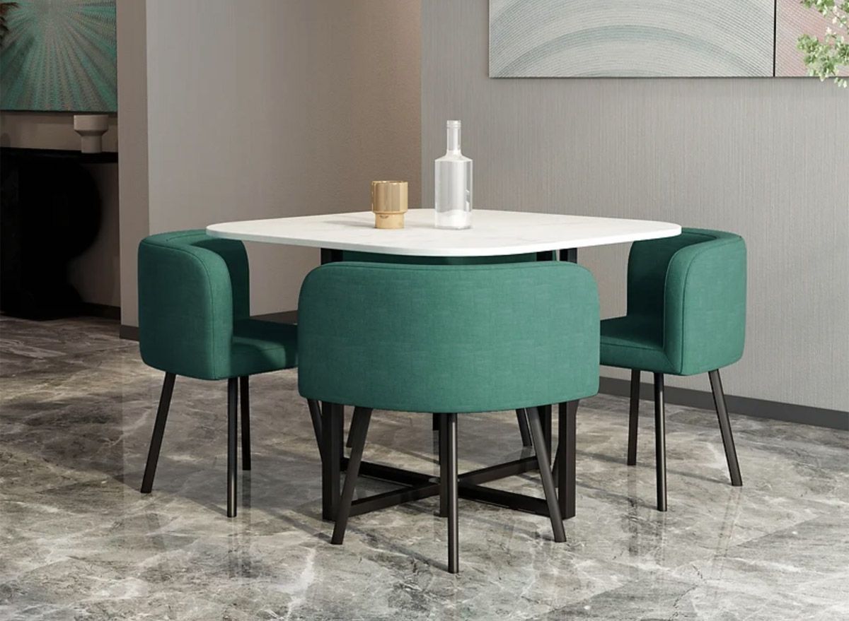 Watt Marble Top Dining Table With Green Chairs