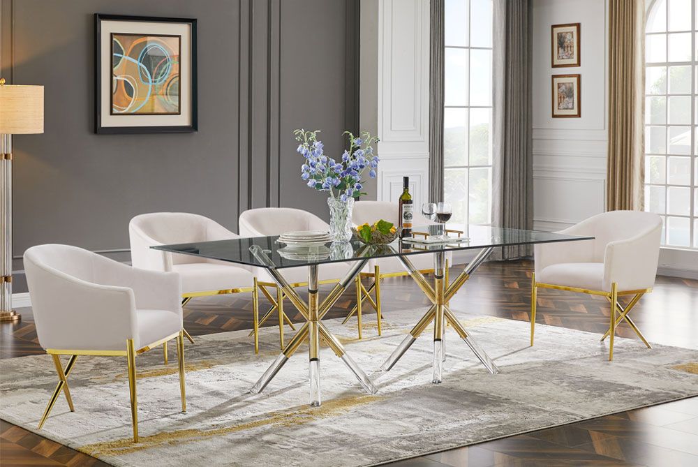 Sector Gold Formal Dining Table With Cream Velvet Chairs