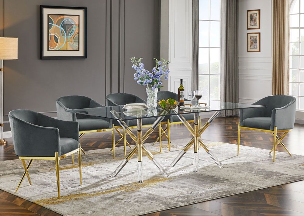 Sector Gold Formal Dining Table With Grey Velvet Chairs