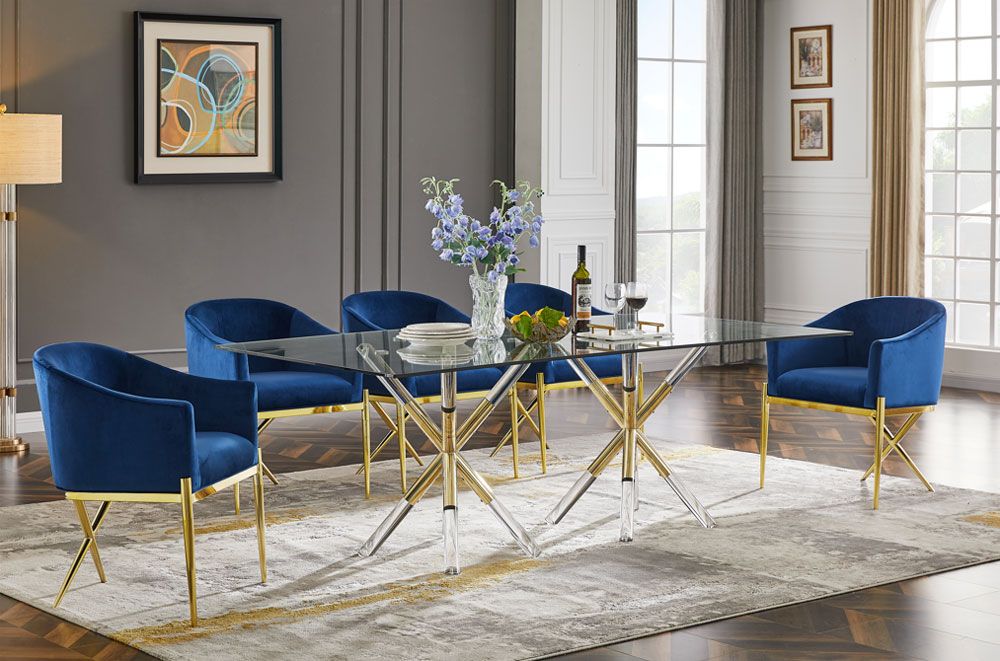 Sector Gold Formal Dining Table With Navy Velvet Chairs