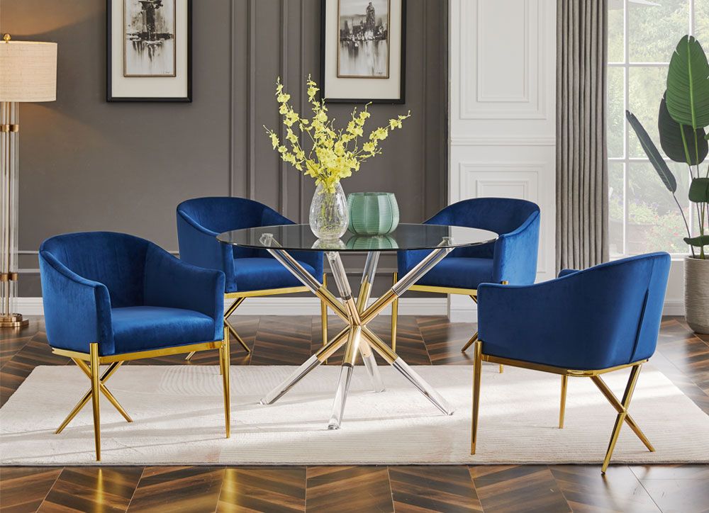 Sector Glass Top Dining Table With Navy Chairs