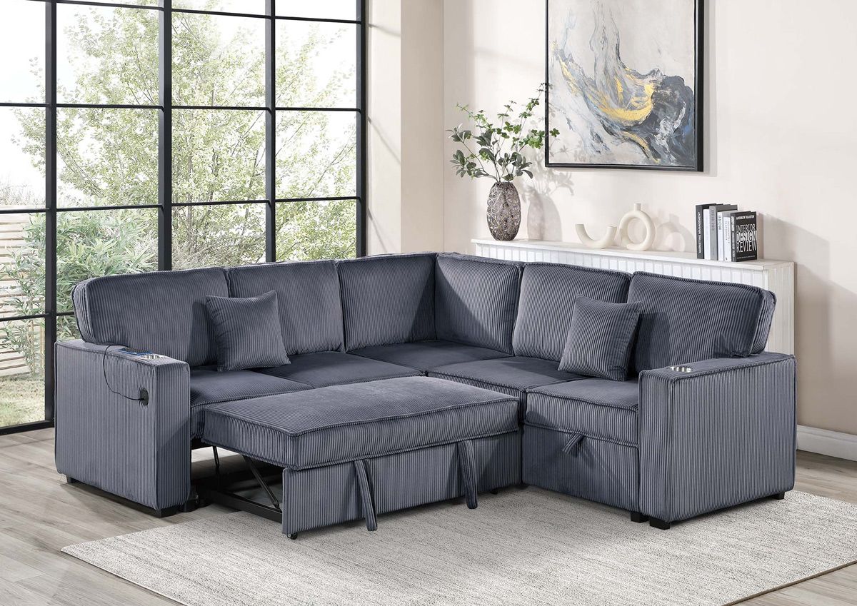 Senor Grey Corduroy Sectional Sleeper Storage