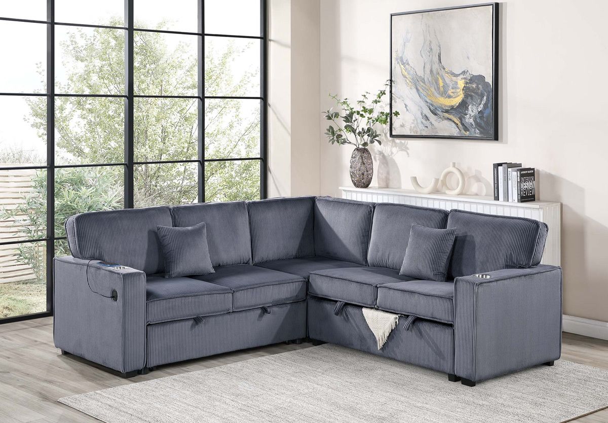 Senor Grey Corduroy Sectional Sleeper Storage