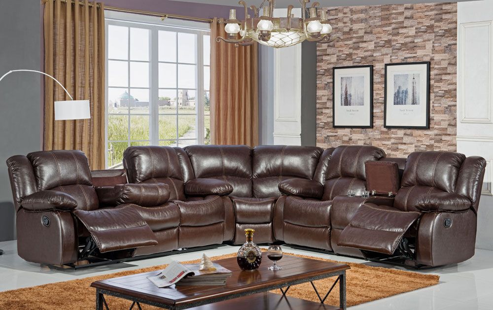 SF3592 Brown Leather Recliner Sectional