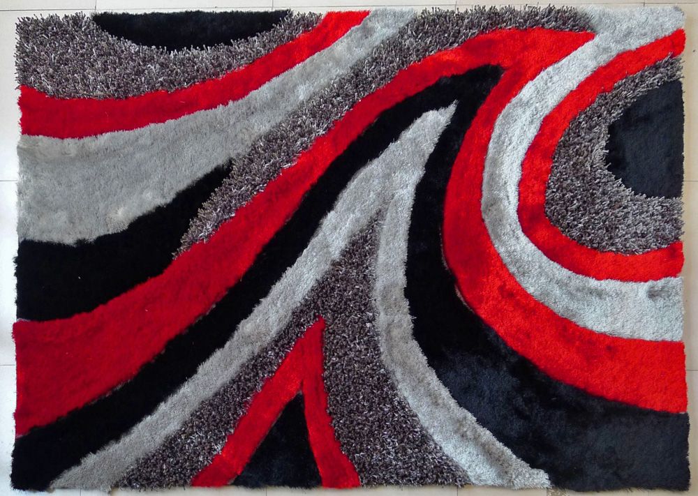 Modern Shag Area Rug Grey Red 26