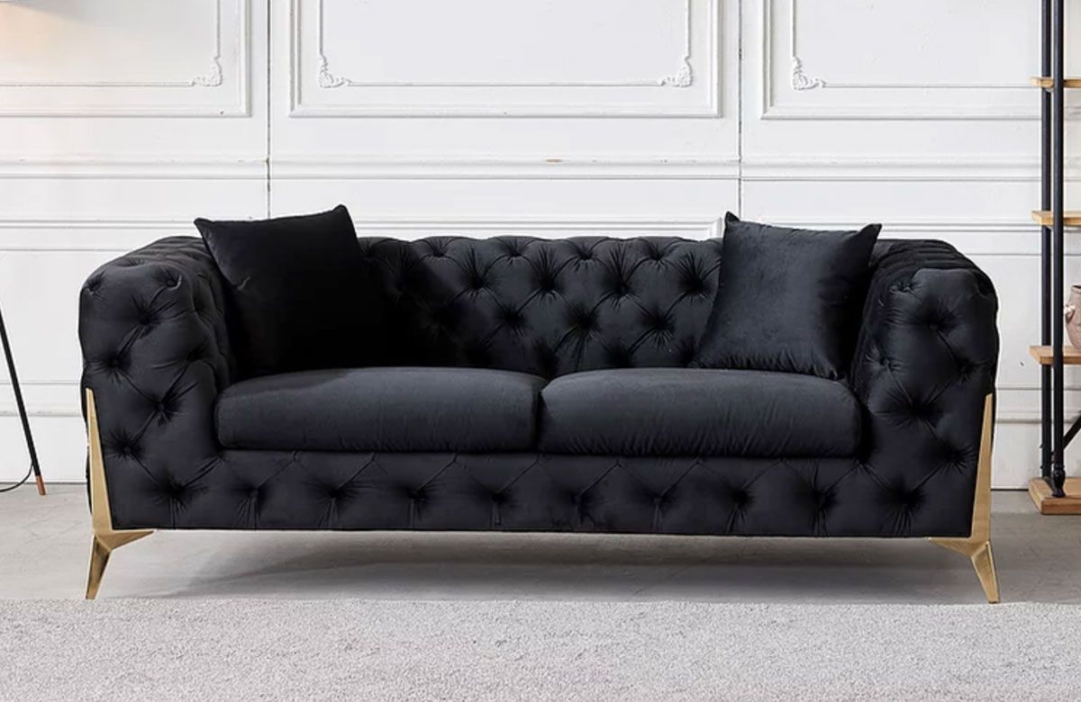 Sheila Black Velvet Loveseat With Gold Legs