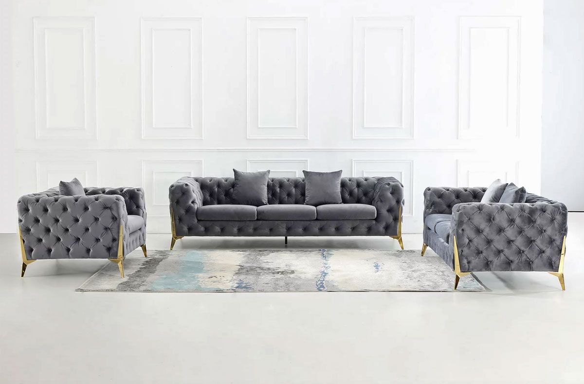 Sheila Tufted Grey Velvet Modern Sofa Set