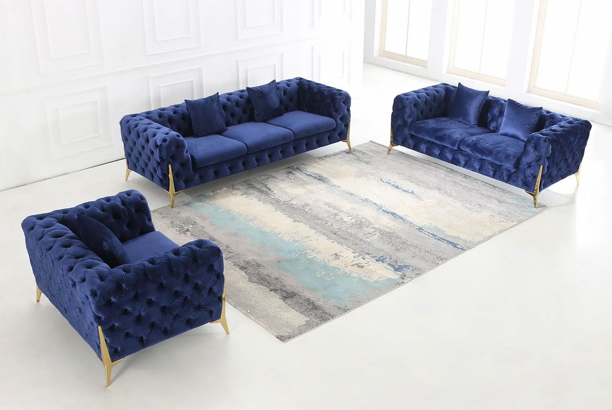 Sheila Tufted Navy Velvet Sofa Set