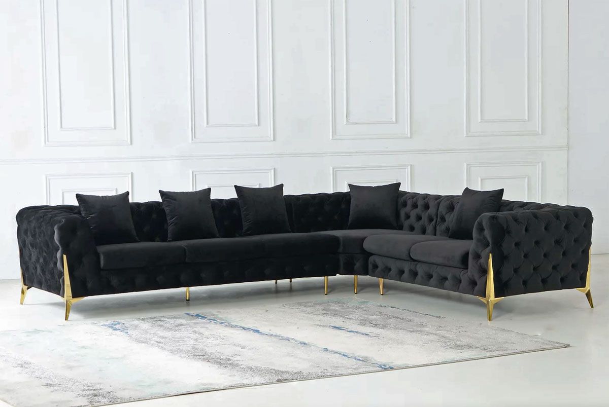 Sheila Black Velvet Sectional With Gold Legs