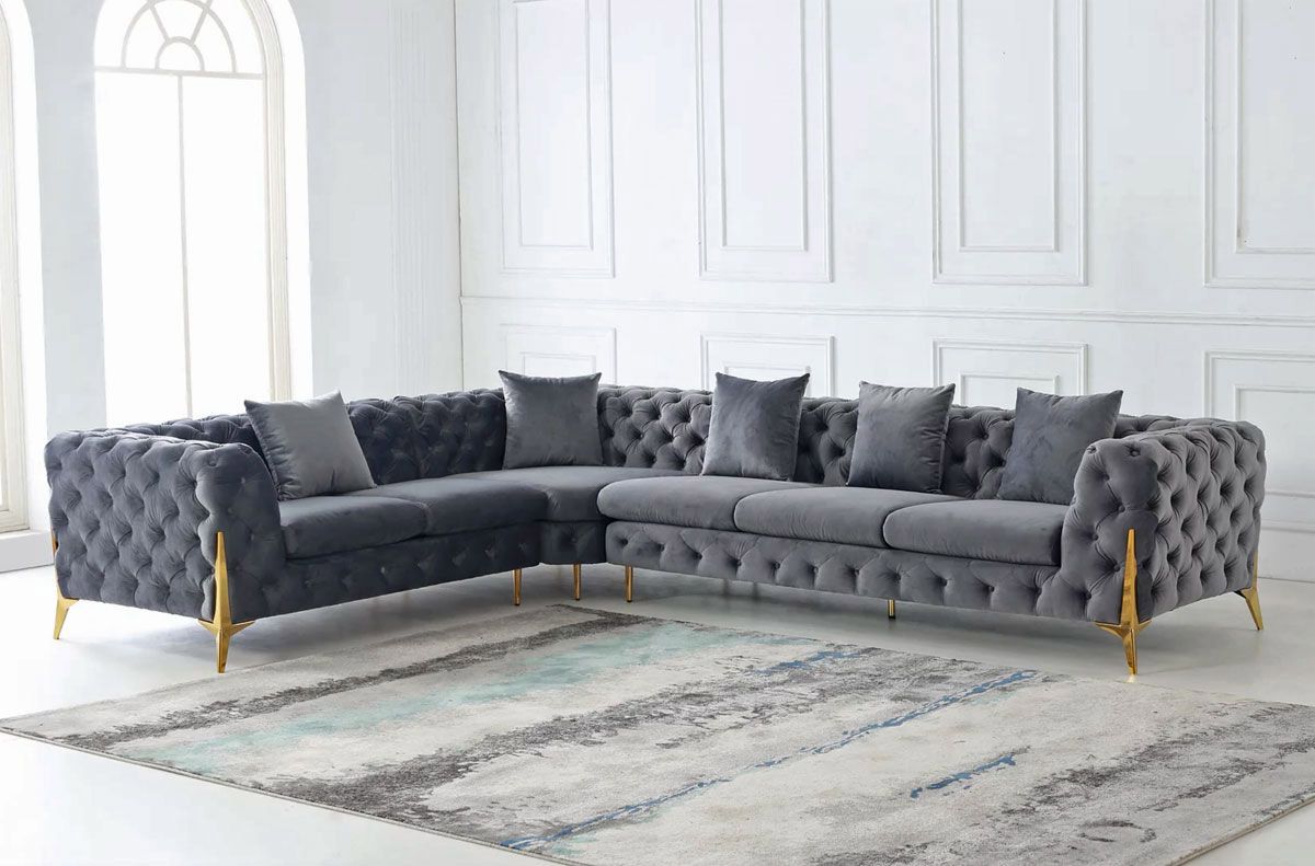 Sheila Grey Velvet Sectional With Gold Legs Facing Left Side