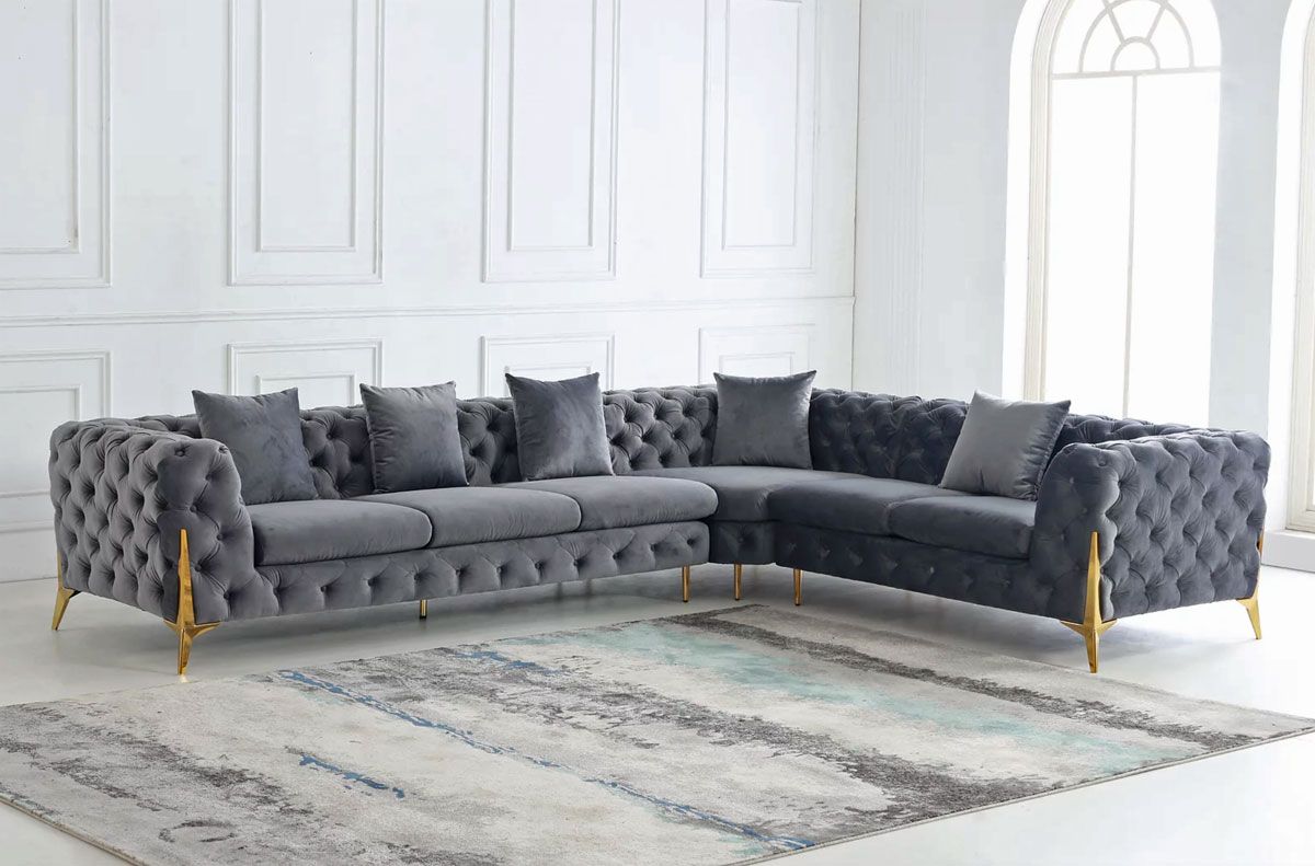 Sheila Grey Velvet Sectional With Gold Legs