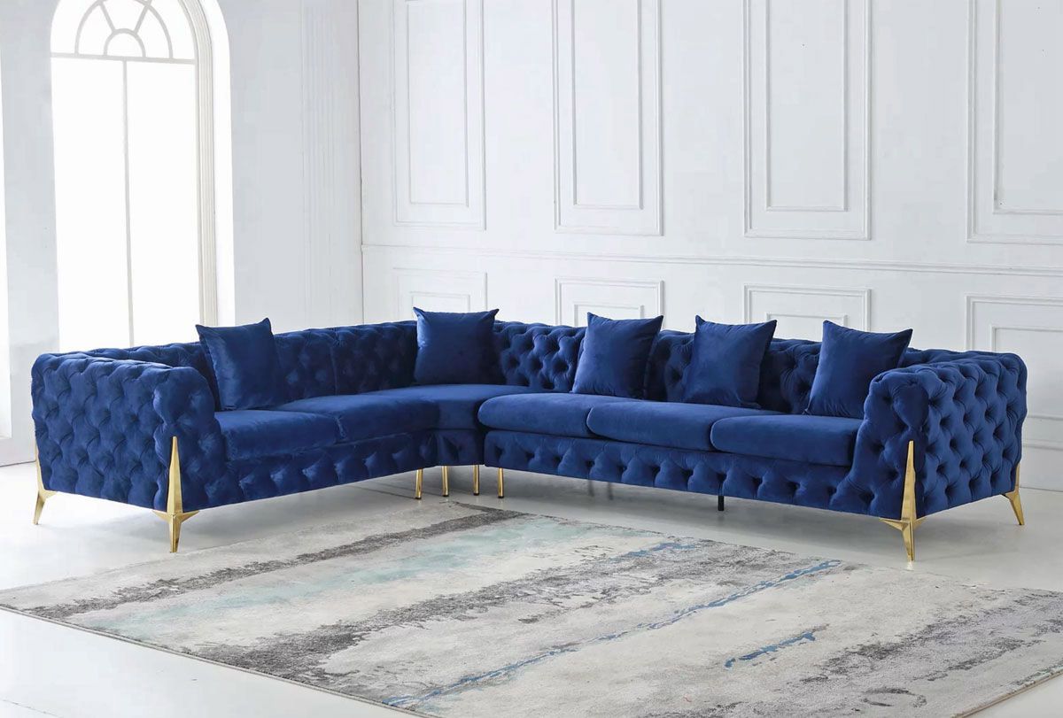 Sheila Tufted Navy Velvet Sectional Facing Left