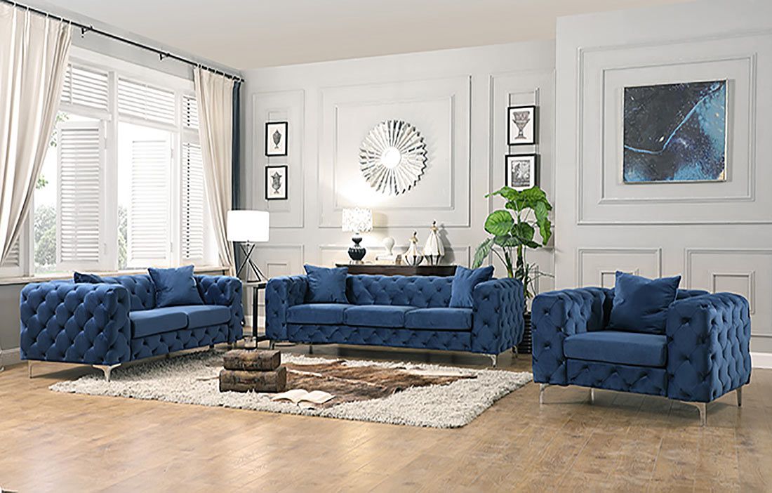 Simone Button Tufted Blue Velvet Sofa