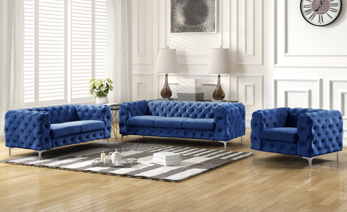 Simone Button Tufted Blue Velvet Sofa Set