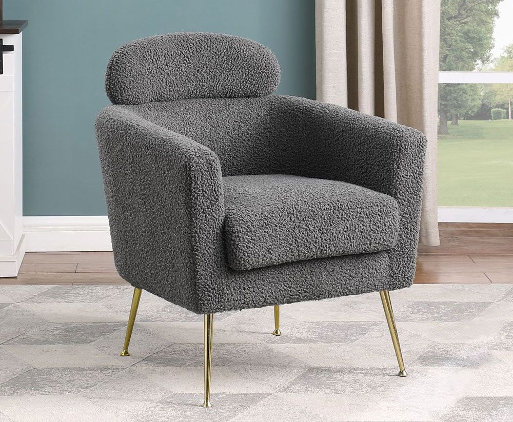 grey boucle fabric upholstered accent chair