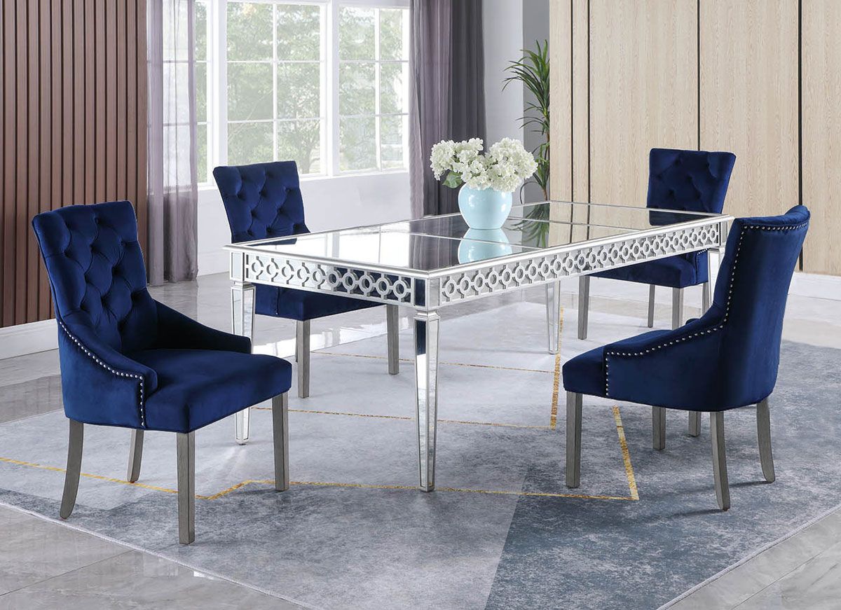 Sophie Mirrored Dining Table With Navy Blue Chairs