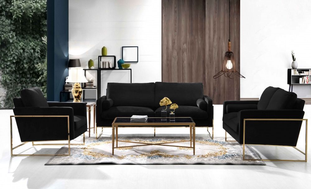 Sorrento Black Velvet Fabric Modern Sofa Set